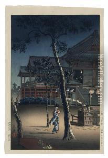 Figure With A Temple In The Background Oil Painting - Tsuchiya Koitsu