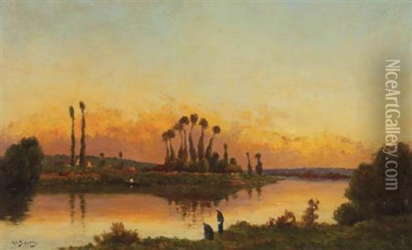 Washerwomen Beside A River At Sunset Oil Painting - Hippolyte Camille Delpy