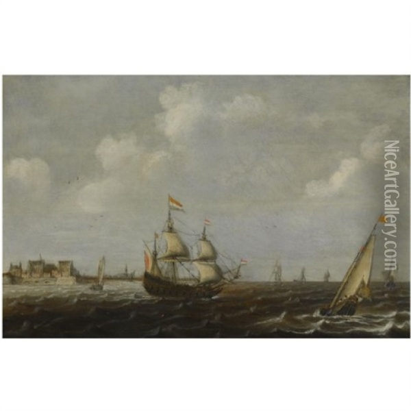 A Dutch Threemaster And Other Shipping In Choppy Waters, A View Of Fort Rammekens Off The Coast Of Vlissingen In The Background Oil Painting - Claes Claesz Wou