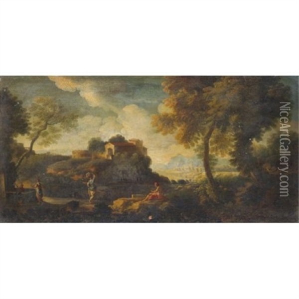 An Italianate Landscape With Women At A Well Oil Painting - Jan Frans van Bloemen
