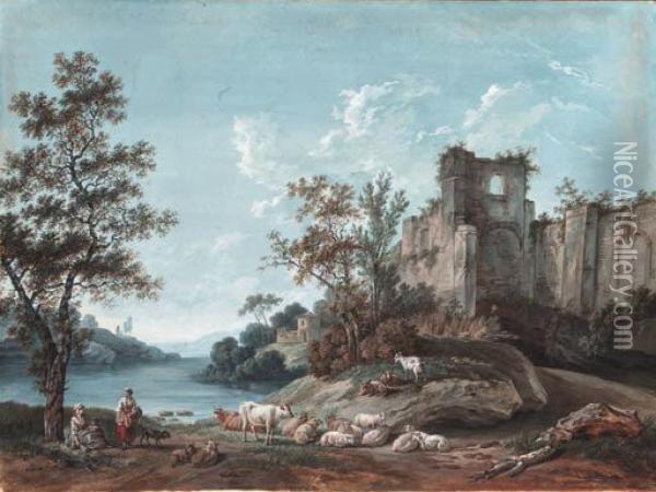 An Extensive River Landscape With The Ruins Of An Abbey, Shepherdsin The Foreground
Signed, Dated And Inscribed 'villiers Het 1792' Oil Painting - Franois Huet