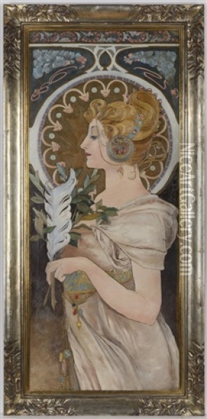 Primrose And Feather - Period Replicas Oil Painting - Alphonse Mucha