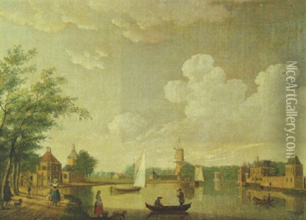 Countryfolk By A River, A Walled Mansion And A Windmill Beyond Oil Painting - Johannes Huibert (Hendric) Prins