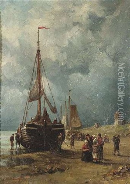 Hollandische Kustenlandschaft Mit Fischern Und Segelbooten Oil Painting - Willem Hendrick Eickelberg