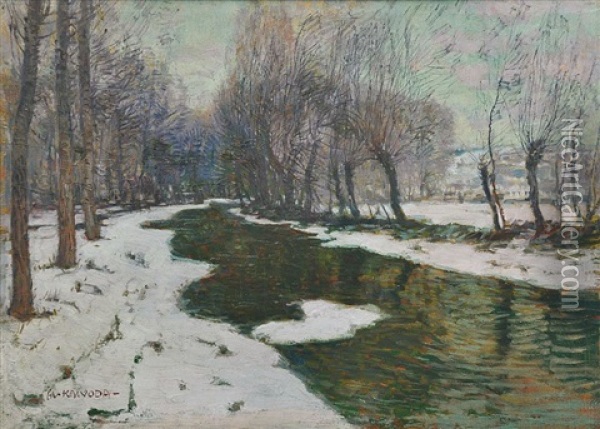 Creek In Winter Oil Painting - Alois Kalvoda