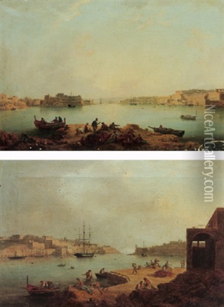 View Of The Grand Harbour At Valletta, Malta Oil Painting - Anton Schranz the Younger