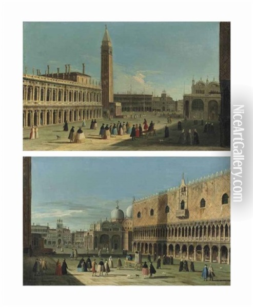 The Piazzetta, Venice, With Figures Conversing Near The Libreria And The Campanile; And The Piazetta, Venice, With Figures Watching A Puppet Show And Others Conversing Before The Ducal Palace And St. Mark