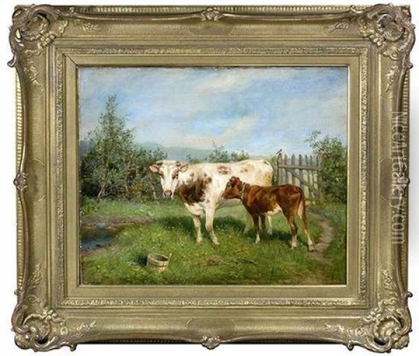 Eine Kuh Und Ihr Kalbchen Auf Sommerlicher Weide Oil Painting - Ludwig Benno Fay
