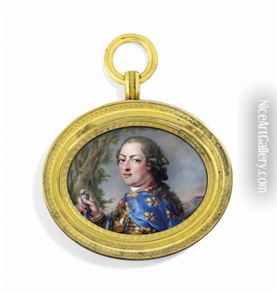 Louis Xv (1710-1774), King Of France, In Gilt-bordered Armour, Wearing A Blue Cloak Decorated With Gold Fleur-de-lys, A Field Marshal's Baton In His Right Hand; Landscape Background Oil Painting - Louis-Francois Aubert