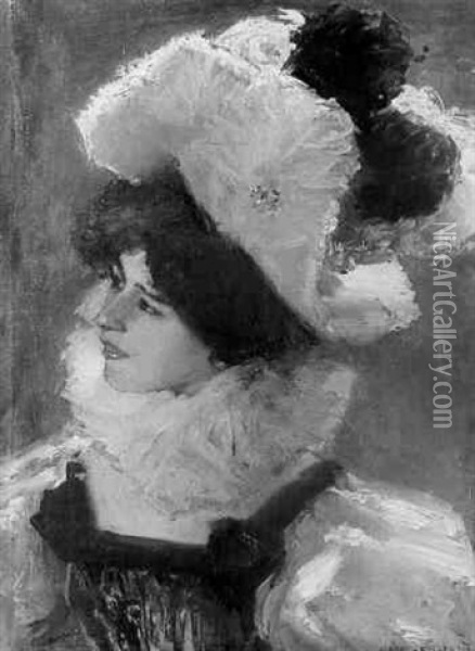 Portrat Lina Brakls Mit Federhut Oil Painting - Albert von Keller