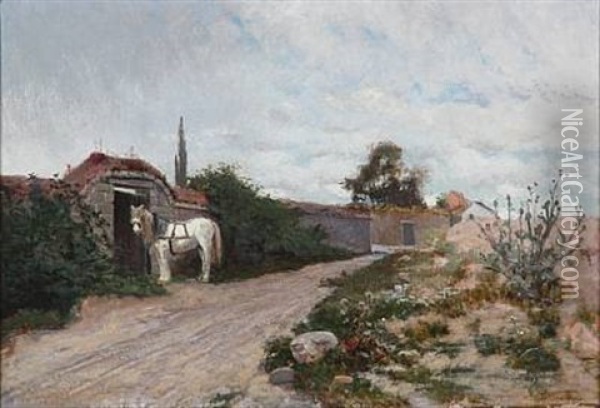 Horse On A Dirt Road In A French Landscape Oil Painting - Hjalmar Sandberg