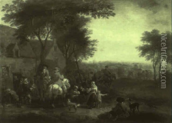 Soldiers Halted Before Peasants Outside A Tavern Oil Painting - Pieter Bout