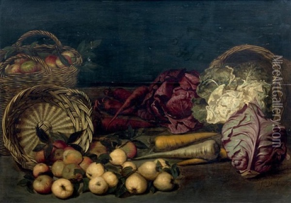 Nature Morte Aux Paniers De Pommes, Choux Et Carottes Disposes Sur Un Entablement (in 2 Parts) Oil Painting - Jan van Kessel the Elder