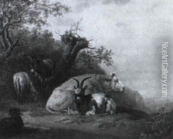 Ruhende Weidetiere Und Ein Esel In Einer Alpinen Landschaft Oil Painting - Johann Jakob Schalch