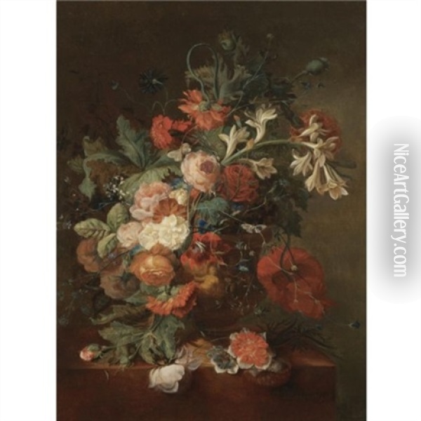 Still Life With Roses, Morning Glory, Orange Blossom And Various Other Flower Together In An Urn On A Stone Ledge Oil Painting - Jan Van Huysum