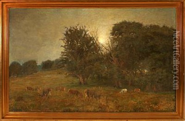 Moonlight Above The Deer Garden Oil Painting - Harold Kjaer