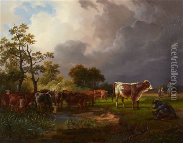 Meadow Landscape With Cattle, Shepherds And A Gathering Storm Oil Painting - Friedrich Karl Joseph Simmler