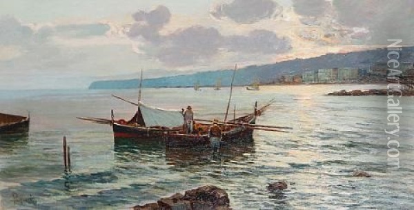 View Of The Bay Of Naples (+ View Of The Bay Of Naples; Pair) Oil Painting - Lazzaro Pasini