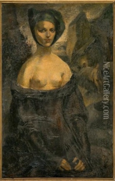 Jeune Femme Aux Seins Denudes Et Composition Geometrique (recto-verso) Oil Painting - Luc Lafnet