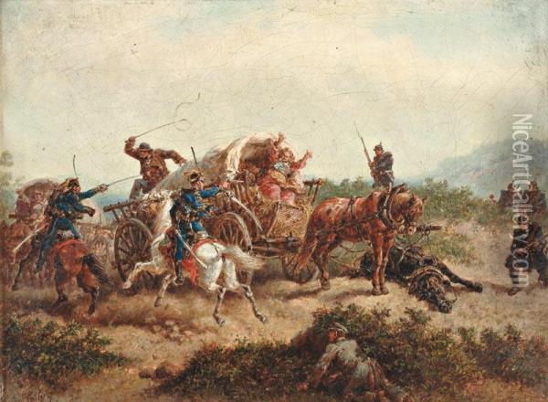 L'attaque Des Prussiers Et Des Hussards Hongrois Autour De La Charette De Foin Oil Painting - Friedrich Kaiser