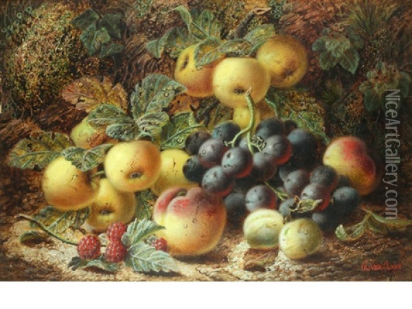 Black Grapes, Apples, Peaches And Raspberries; Black Grapes, Plums And A Peach (2 Works) Oil Painting - Oliver Clare