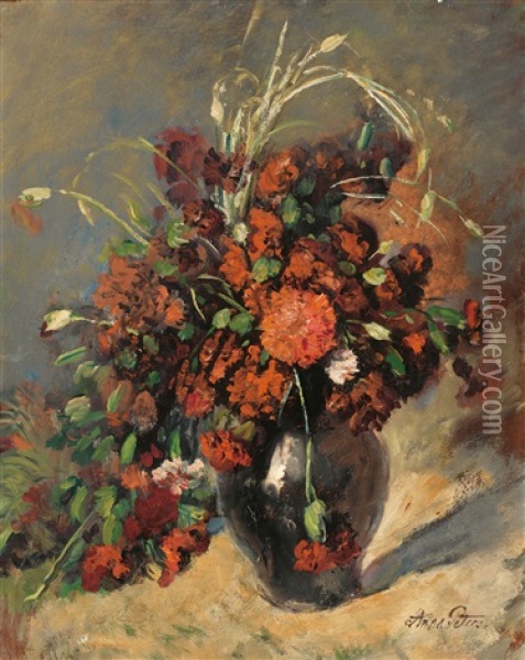 Beleuchteter Nelkenstraus In Bauchiger Vase Oil Painting - Anna Peters