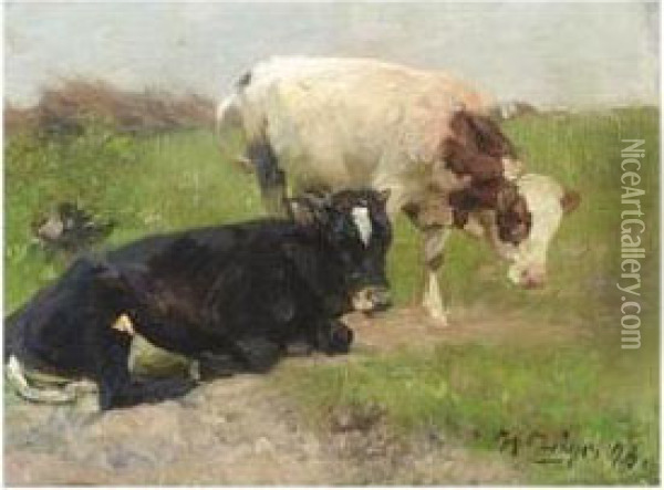 Cows In A Meadow Oil Painting - Heinrich Johann Von Zugel