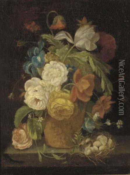Roses, Morning Glory, A Tulip And Other Flowers In A Vase On A Ledge Oil Painting - Jan Van Huysum