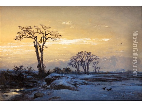 Winterlandschaft In Der Dammerung Oil Painting - Eduard Hildebrandt