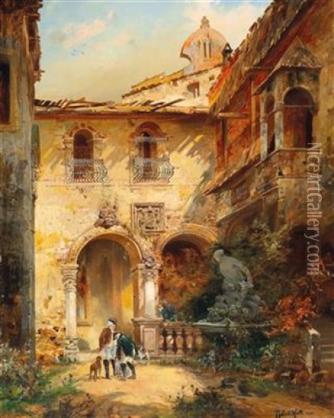 Elegant Gentlemen In A Castle Courtyard Oil Painting - Robert Alott