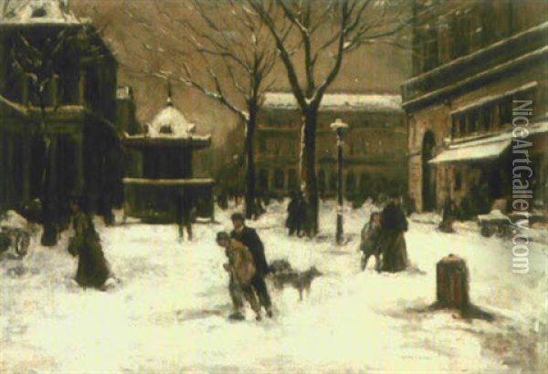 A Winter Street Scene, Paris Oil Painting - Luigi Loir