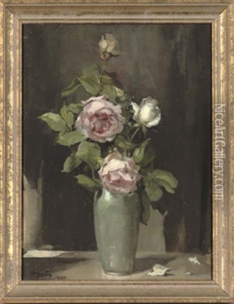 Pink And White Roses In A Vase, On A Table Oil Painting - Alice Mary Burton