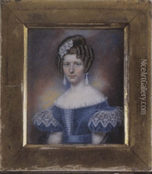A Lady Wearing Decollete Blue Dress With Laced Bodice, White Lace Trim And Sleeve Caps, Black Lace Shawl, Drop Earrings And Comb In Her Upswept Hair Oil Painting - Peter Paillou