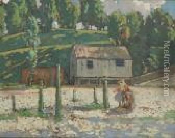 By The Boathouse Oil Painting - James Wright