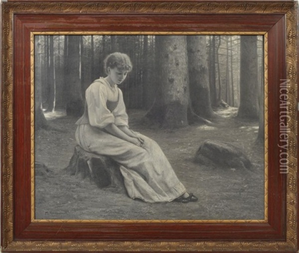 Junge Frau, In Trauriger Gemutsverfassung Im Tannenwald Sitzend Oil Painting - Max Nonnenbruch
