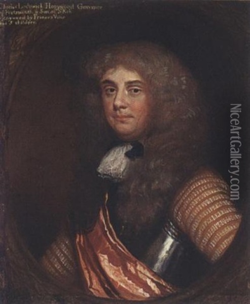 A Portrait Of A Gentleman (charles Lodowick Honeywood, Governor Of Portsmouth?) Wearing Armour With A Red Sash And A Wig Oil Painting - Daniel Mytens the Elder