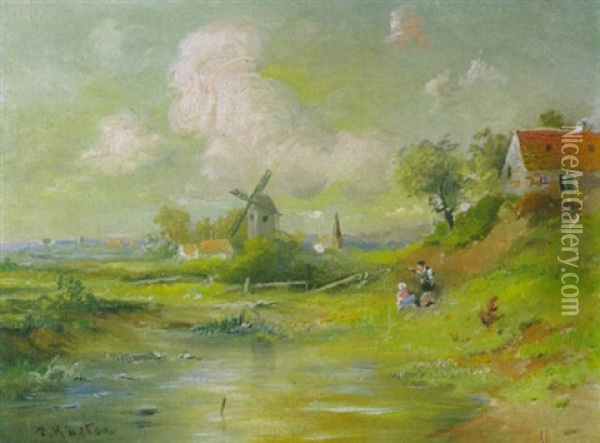 Landschaft Mti Angler Und Windmuhle Im Fruhling Oil Painting - Paul Koester