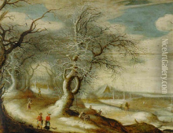 A Winter Wooded Landscape With Faggot-gatherers And Peasants On Paths Oil Painting - Gysbrecht Leytens