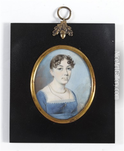 A Lady, Called Mary Jane Peyton, Wearing Blue Dress With White Lace Trim, Pearl Necklace And A Fine Black Cord Pinned To Her Bodice With A Crescent Shaped Brooch Oil Painting - Thomas Richmond