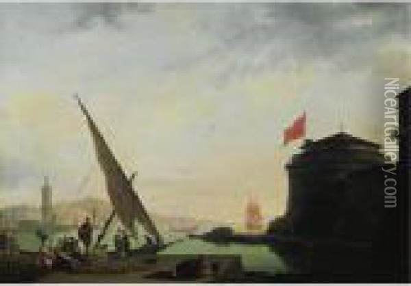 View Of A Mediterranean Harbor With Fishermen Oil Painting - Thomas Patch