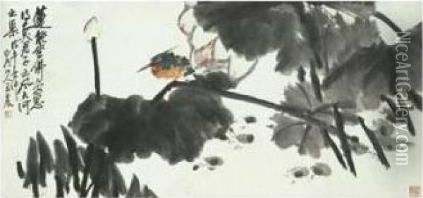 Kingfisher At A Lotus Pond Oil Painting - Wang Zhen