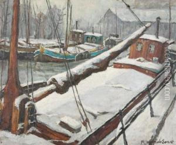 Moored River Boats In Winter Oil Painting - Rene Van De Sande