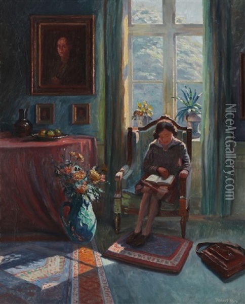 Interior With A Reading Woman At A Window Oil Painting - Robert Panitzsch