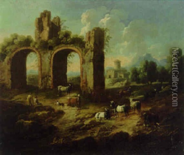An Italianate Landscape With Cattle And Drovers Resting By A Ruin Oil Painting - Domenico Brandi