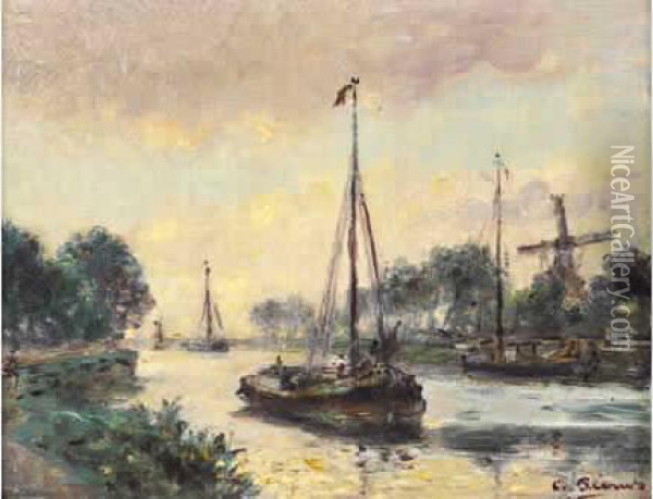 Les Chalants Sur La Riviere, En Hollande Oil Painting - Charles Francois Pecrus