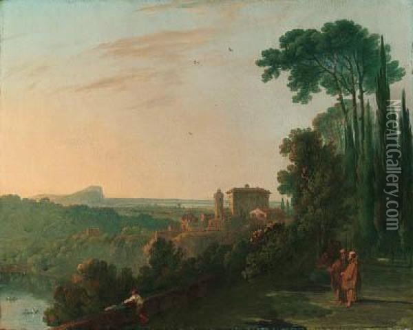 Lake Nemi, With Two Friars; And Lake Nemi From A Convent Garden(capucins At Gensano) Oil Painting - Richard Wilson