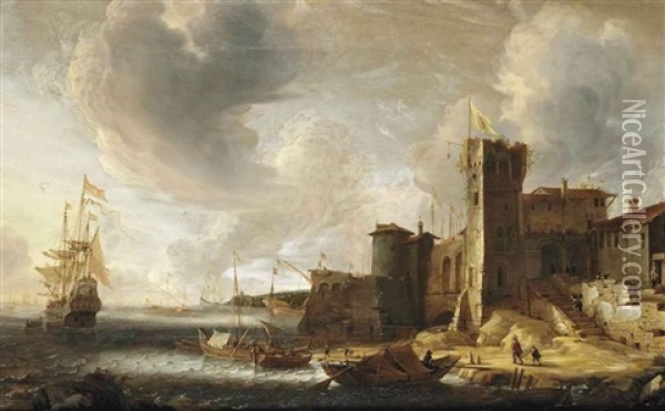 An Italianate Harbourscene With The Dutch Fleet At Bay Oil Painting - Jan Abrahamsz. Beerstraten