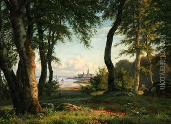 Calm Summer Day With A View From A Forest Against Kronborg Castle Oil Painting - Carsten Henrichsen