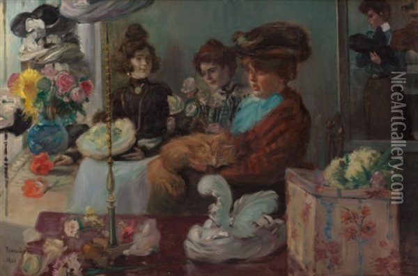 Outing At The Milliner's Oil Painting - Pierre Georges Jeanniot