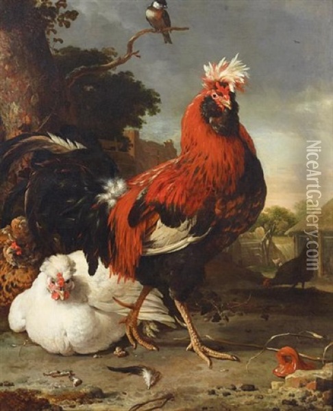 A Cockerel And Other Decorative Fowl In A Landscape Oil Painting - Melchior de Hondecoeter